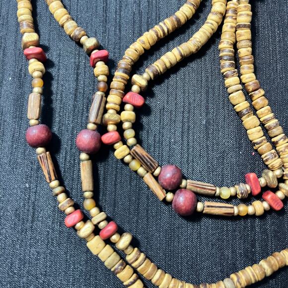 60 inch long Necklace with Fall Colored Wooded beads Beachy Brown Cranberry - Picture 2 of 2